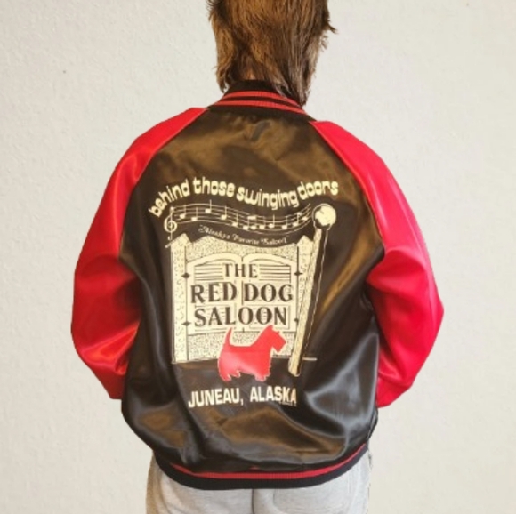 Vintage Other - Vintage Red Dog Saloon Juneau Alaska Snap Bomber Jacket Black Satin 1980s Mens L